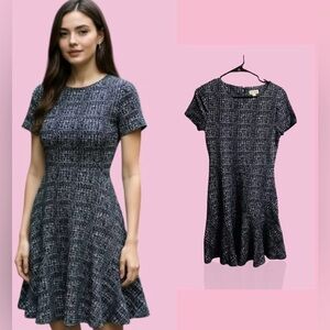 Maison Jules Black and White Tweed Fit-and-Flare Short Sleeve Dress